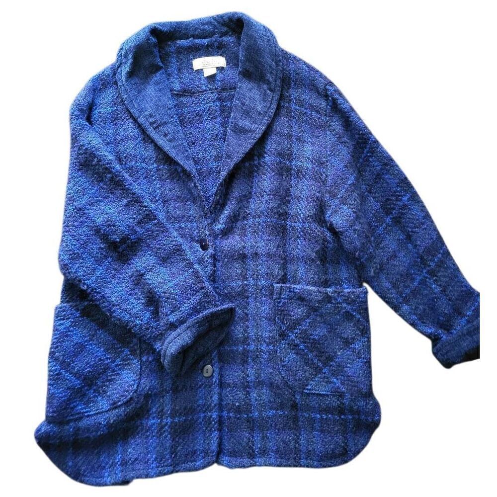 Boyne Valley Weavers Sweater Coat Women's Medium Blue Plaid Wool Blend Boucle